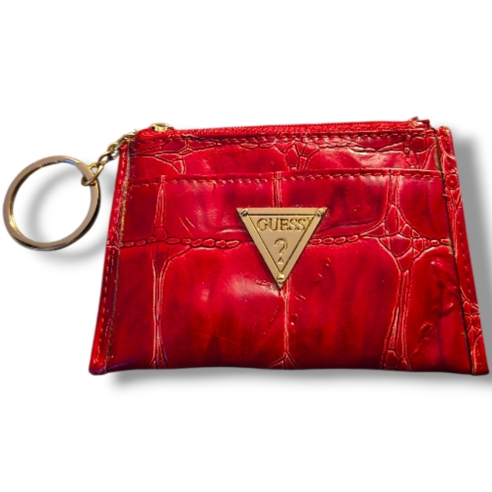 Guess Red Card Wallet / Coin Purse • Croc‑Embossed • Triangle Logo • Zip Closure